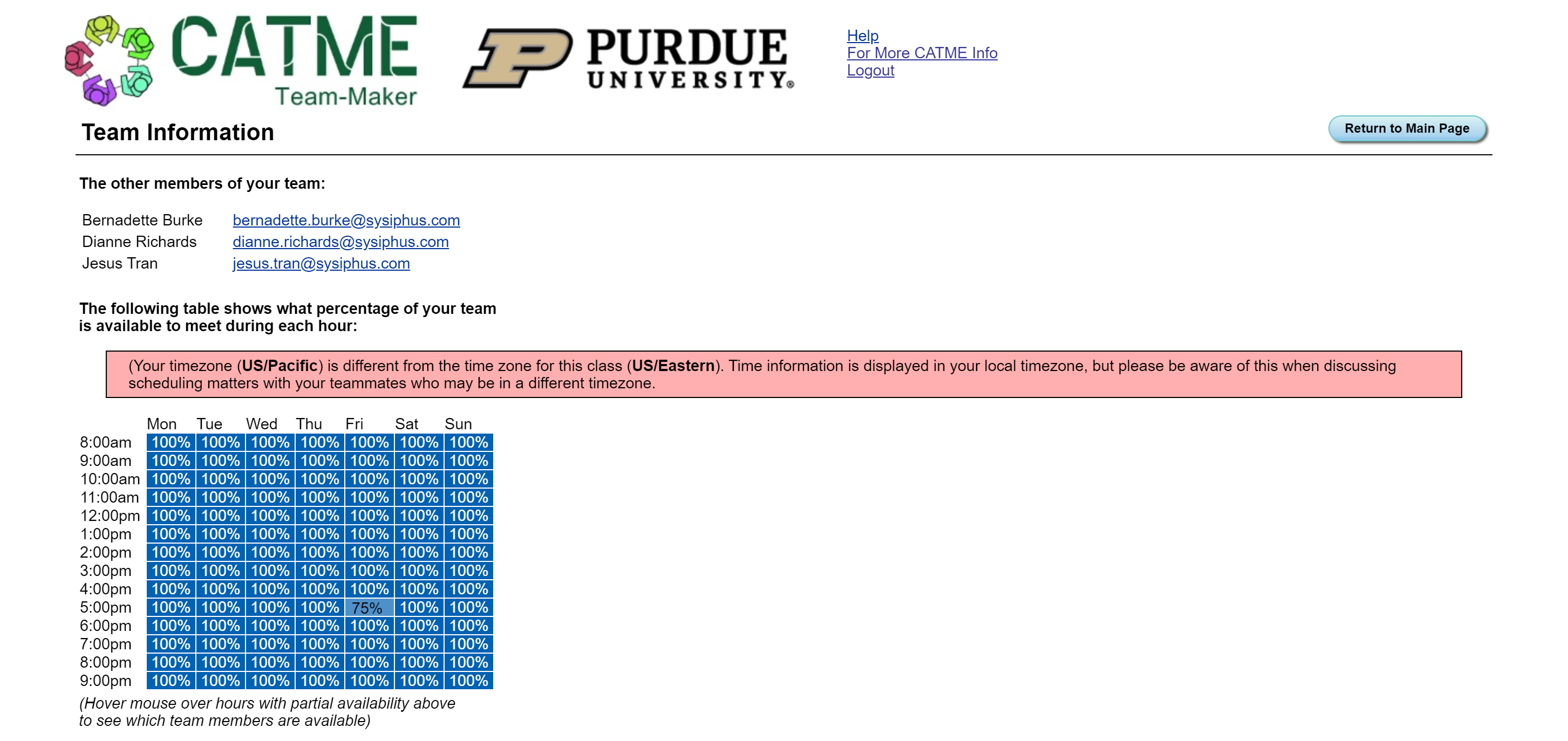 Team Information Page